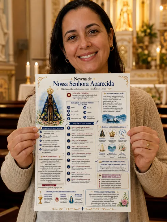Fiel segurando o mapa da Novena de Nossa Senhora Aparecida na igreja