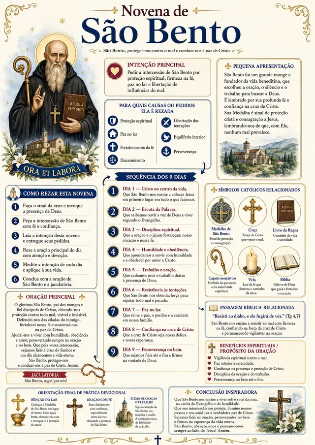 Novena de São Bento — mapa visual ilustrado com os 9 dias de oração