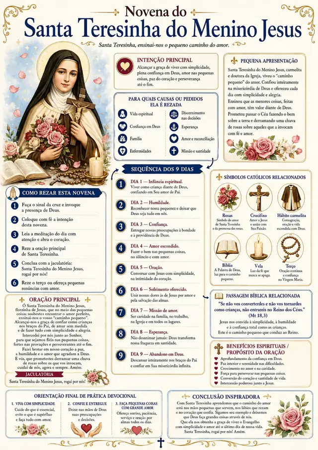 Novena de Santa Teresinha do Menino Jesus — mapa visual ilustrado com os 9 dias de oração