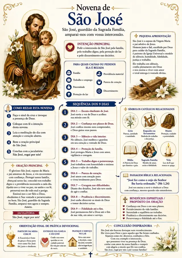 Novena de São José — mapa visual ilustrado com os 9 dias de oração