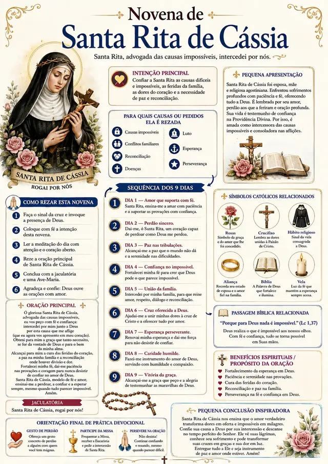 Novena de Santa Rita de Cássia — mapa visual ilustrado com os 9 dias de oração