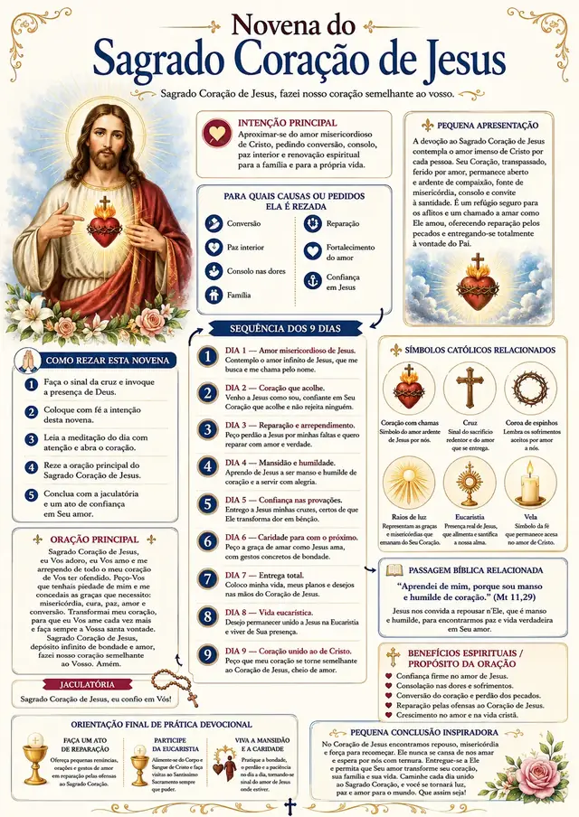 Novena do Sagrado Coração de Jesus — mapa visual ilustrado com os 9 dias de oração