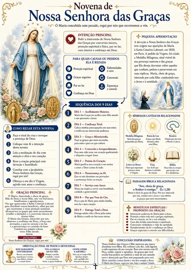 Novena de Nossa Senhora das Graças — mapa visual ilustrado com os 9 dias de oração