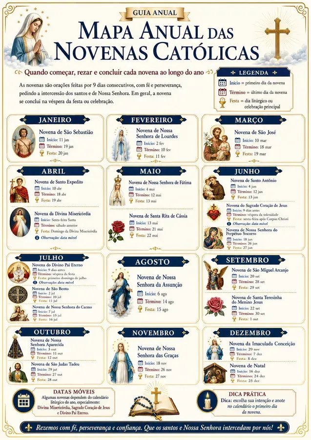 Mapa Anual das Novenas Católicas: guia com as novenas de cada mês, datas de início, término e festa